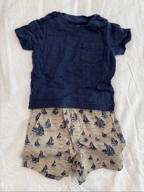 Janie and Jack Navy Blue Pocket Tee and Sailboat Print Shorts Set 6-12M